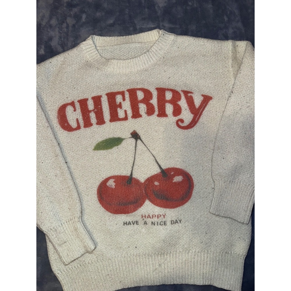 Vintage Style Cherry Graphic Knit Sweater Cream Off-White Crewneck Pullover - Picture 2 of 5